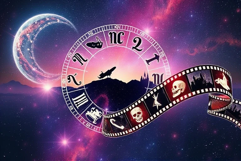 Arte conceptual de una rueda zodiacal transformándose en una tira de película, con cada segmento mostrando un ícono de género cinematográfico, sobre un fondo de galaxia vibrante.