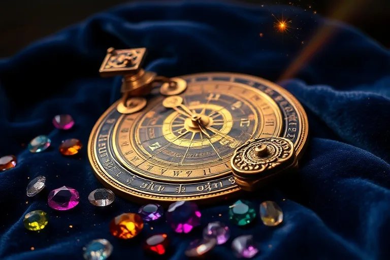Antiguo astrolabe de latón sobre terciopelo, rodeado de gemas de colores y un prisma refractando luz