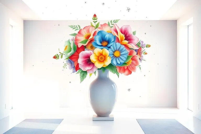 Pintura de acuarela de un espacio de meditación minimalista con un jarrón de flores de colores vibrantes