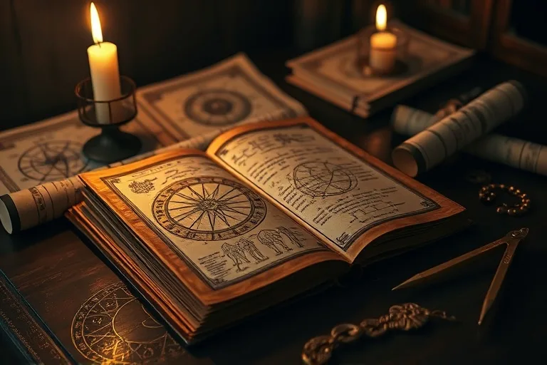 Primer plano macro de un antiguo texto astrológico de cuero abierto sobre un escritorio de madera, con cartas estelares y una brújula antigua, iluminado por una vela.