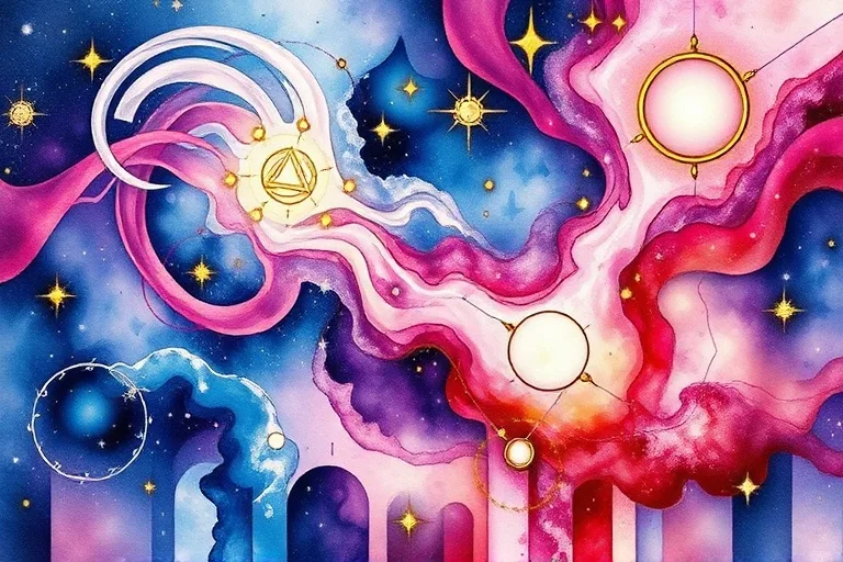 Pintura abstracta en acuarela de nebulosas y galaxias formando patrones que sugieren procesos de pensamiento internos y la interconexión cósmica.