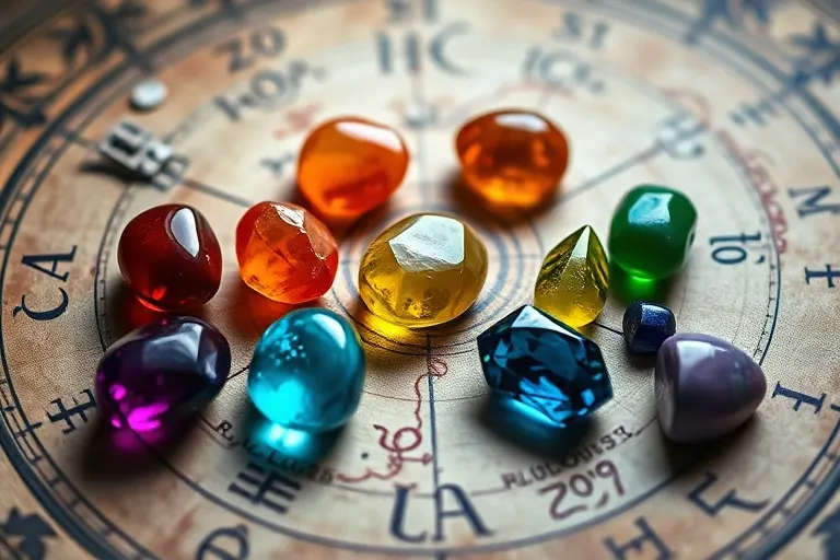 Colección de gemas pulidas de colores rojo, naranja, amarillo, verde, azul, índigo y violeta, dispuestas sobre un antiguo mapa astrológico con iluminación suave.