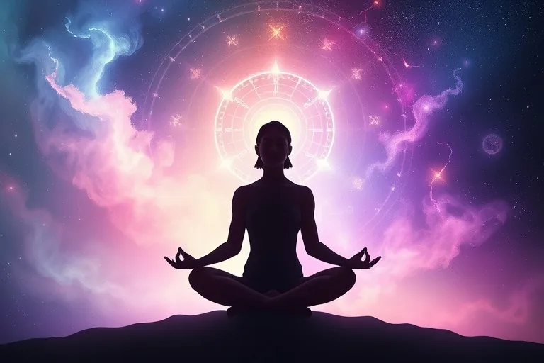 Silueta humana en meditación, con flujos de colores pastel y vibrantes emanando de su aura, conectándose con constelaciones zodiacales abstractas.