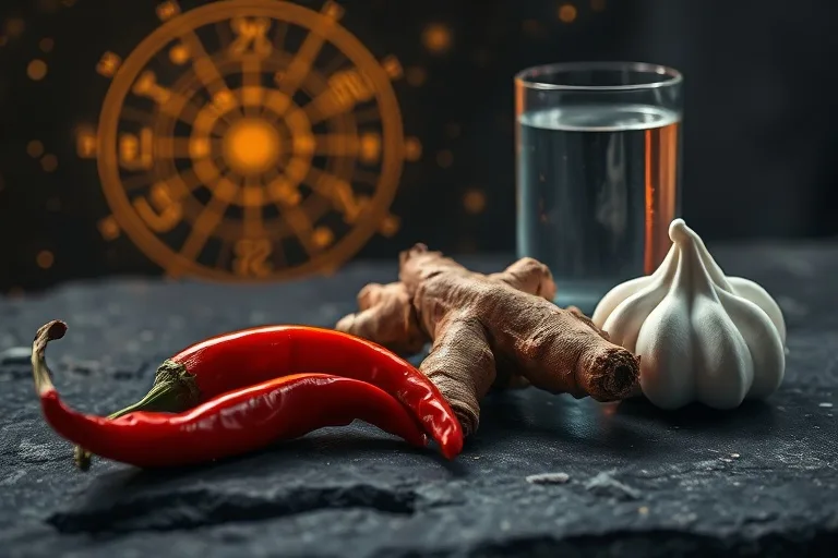 Bodegón cinematográfico con ingredientes culinarios que representan los elementos zodiacales: un chili rojo ardiente, una raíz terrosa, un vaso de agua pura y un merengue ligero.