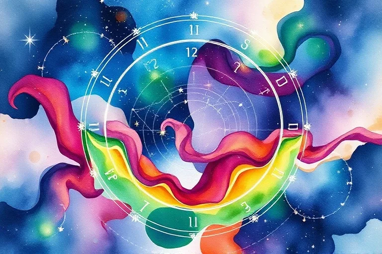 Pintura abstracta en acuarela con colores vibrantes que fluyen, simbolizando la armonía entre la energía cósmica y el bienestar nutricional.