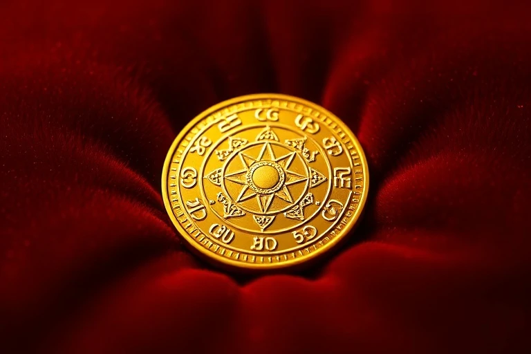 Moneda dorada con símbolos astrológicos sobre terciopelo, representando la riqueza cósmica