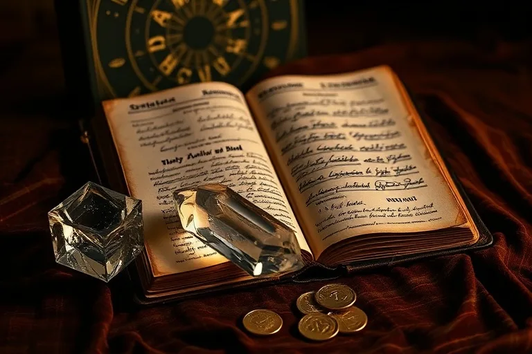 Diario antiguo con notas de tránsitos planetarios y cristal, simbolizando el estudio de la astrología financiera
