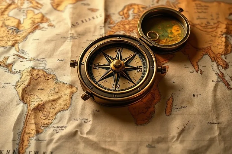 Fotografía de un antiguo compás de latón sobre un mapa vintage, con símbolos astrológicos superpuestos.