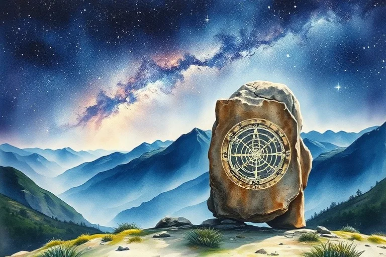 Pintura acuarela de un paisaje montañoso bajo un cielo estrellado, con una piedra antigua grabada con símbolos.