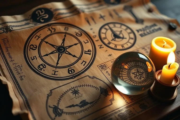 Fotografía macro de un pergamino antiguo con cartas astrológicas y símbolos, una vela parpadeante y una esfera de cristal, evocando sabiduría ancestral.