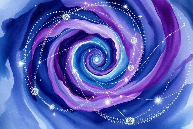 Pintura abstracta en acuarela con remolinos de colores índigo, amatista y plata, representando los ciclos de reencarnación y la energía cósmica.