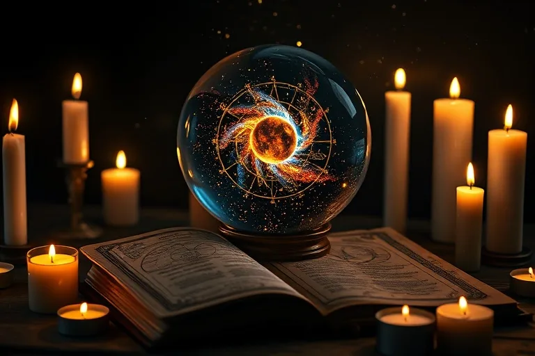 Fotografía de bodegón de una bola de cristal reflejando estrellas, un libro de astrología antiguo y velas, con texturas ricas y sombras profundas.