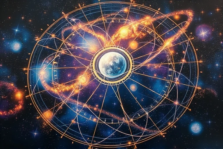 Pintura al óleo abstracta de líneas de luz y sombra entrelazadas, formando una red cósmica con órbitas planetarias y caminos energéticos, fondo espacial.