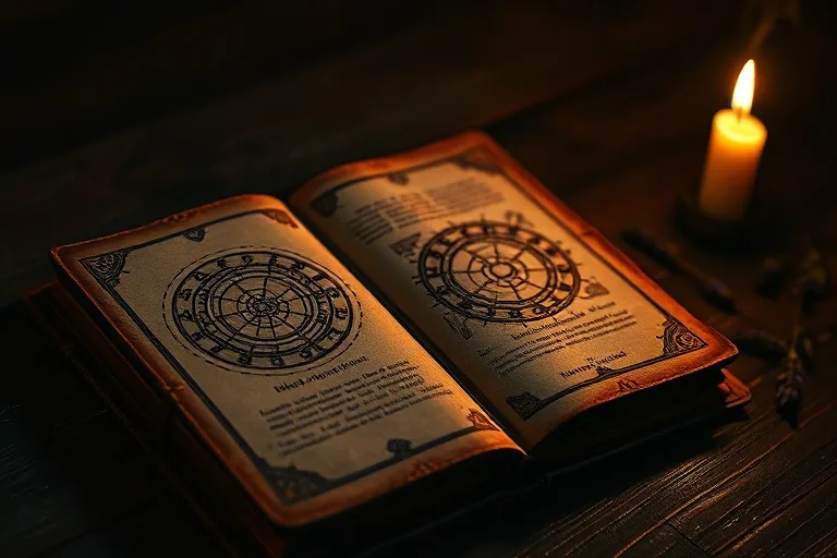 Fotografía cinematográfica de un antiguo diario de cuero con runas y una vela, simbolizando la sabiduría de vidas pasadas y el karma.