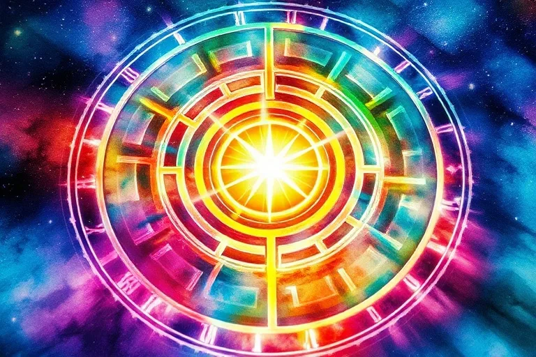 Pintura acuarela de un laberinto vibrante con un punto de luz central, simbolizando el viaje del alma hacia su propósito.