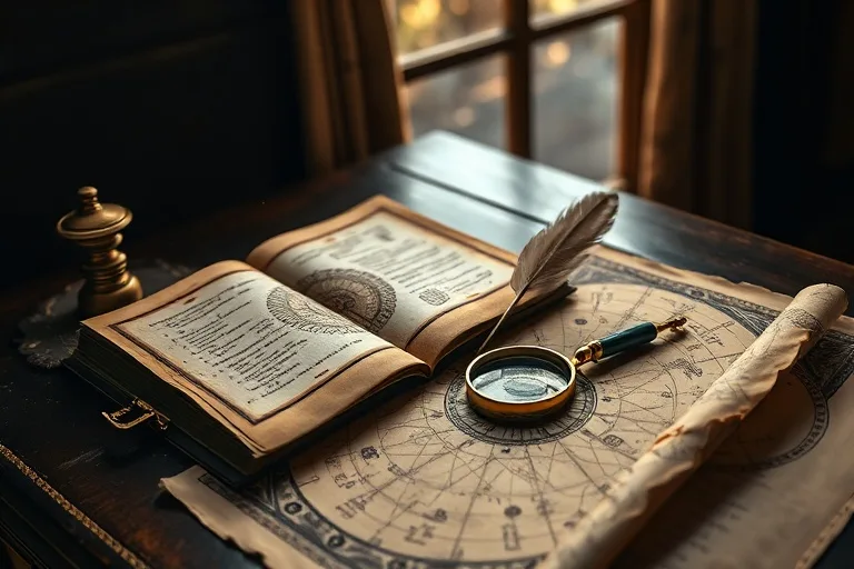Bodegón cinematográfico de un escritorio antiguo con un libro de cuero, un tintero con pluma, un pergamino con carta astral y una lupa sobre un mapa estelar.