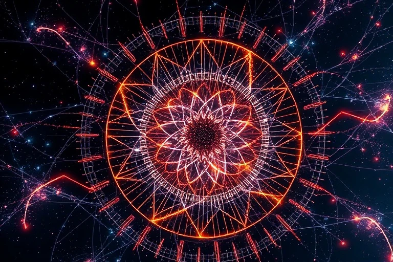 Arte conceptual abstracto de un vórtice cósmico de polvo estelar y luz, convergiendo en un patrón de red neuronal luminoso.