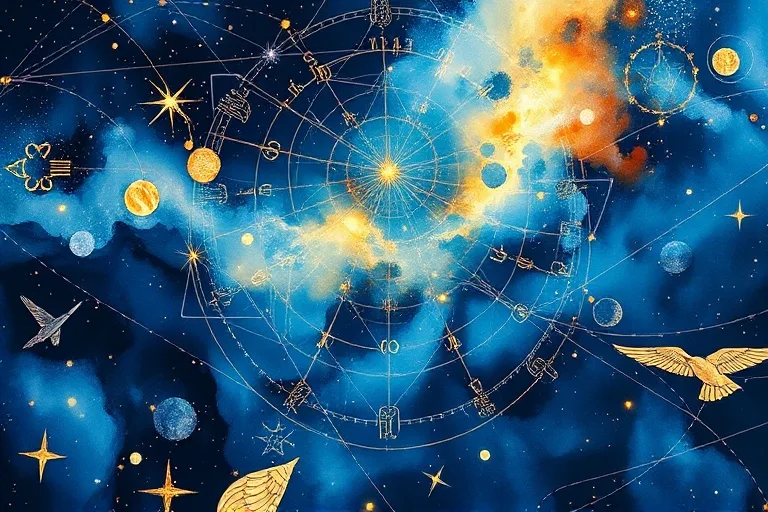 Pintura abstracta en acuarela de tonos azules y dorados, evocando el Nilo bajo un cielo estrellado con jeroglíficos sutiles.
