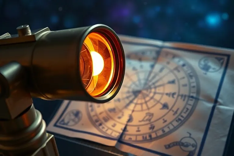 Telescopio vintage enfocado en una carta astral detallada con símbolos planetarios y casas astrológicas.