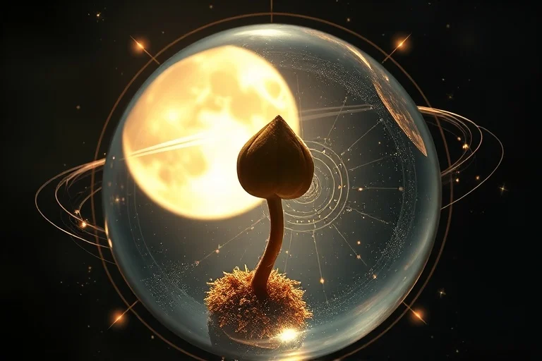 Semilla brotando de una esfera de cristal, iluminada por la luna, rodeada de órbitas planetarias abstractas, simbolizando el crecimiento y la precisión cósmica.