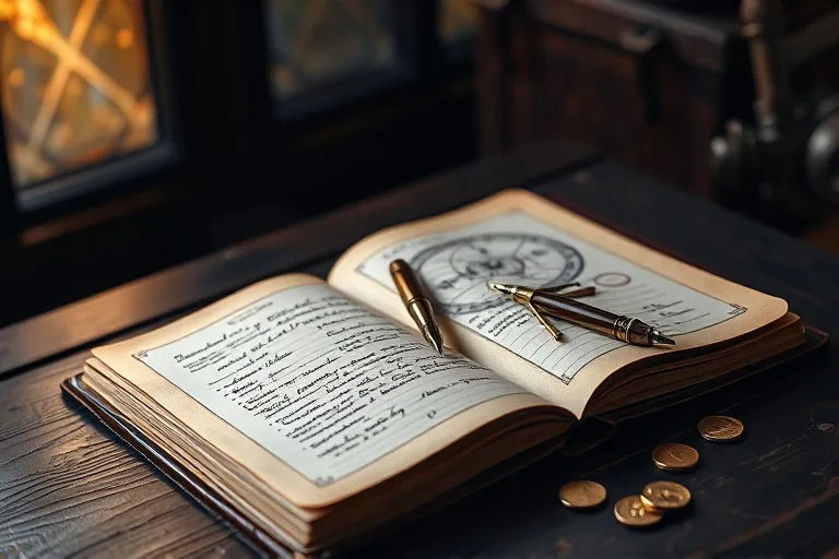 Escritorio con ledger, brújula, pluma y monedas de oro