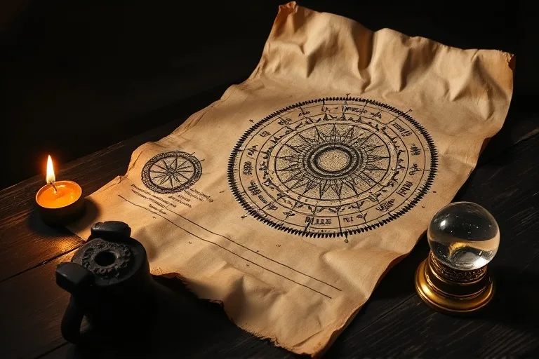 Un pergamino antiguo desplegado sobre una mesa de madera, con símbolos astrológicos y un mapa estelar que brilla suavemente, acompañado de una vela y un orbe de cristal.