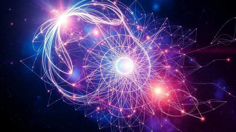 Hilos de luz entrelazados, que simbolizan caminos kármicos, convergiendo en una semilla de vida brillante sobre un fondo de azules y morados profundos.