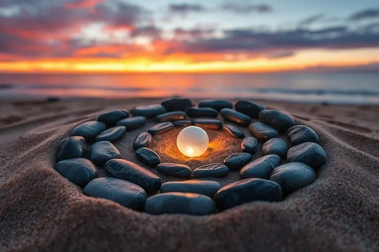 Fotografía cinematográfica de piedras de río pulidas en espiral sobre arena, con una perla iridiscente en el centro, bajo un cielo crepuscular.