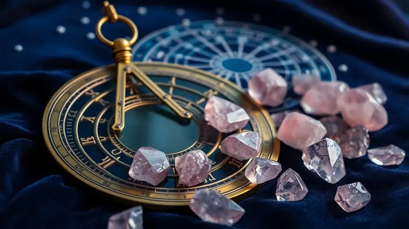 Astrolabio antiguo y cristales de cuarzo rosa sobre terciopelo, simbolizando la sabiduría ancestral y la energía de la fertilidad.