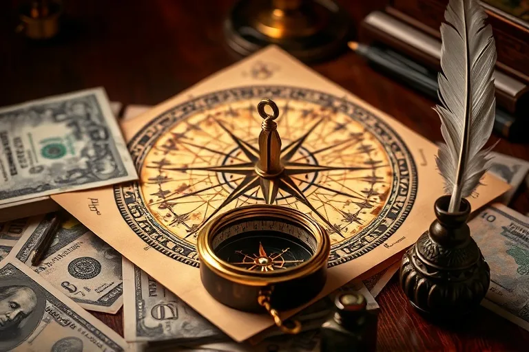 Brújula antigua apuntando a un mapa estelar, rodeada de billetes y pluma, simbolizando planificación financiera.