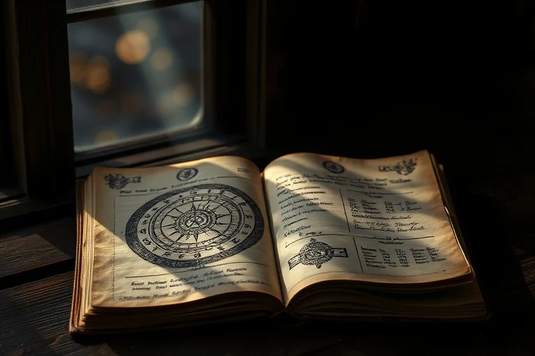 Bodegón cinematográfico de un libro de contabilidad antiguo abierto con símbolos astrológicos y notas financieras manuscritas, iluminado por la luz de la luna.