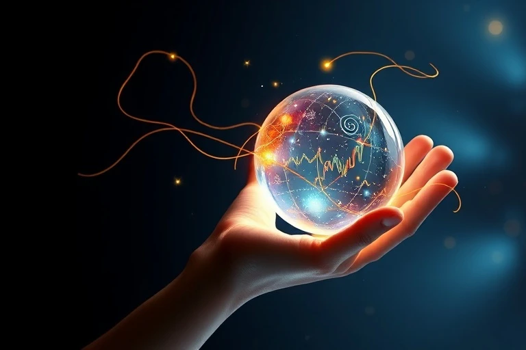 Arte conceptual de hilos dorados tejiéndose a través de una proyección holográfica de una mano humana sosteniendo una bola de cristal, que refleja una galaxia de datos económicos.