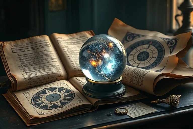 Antiguos libros de contabilidad y pergaminos con bola de cristal