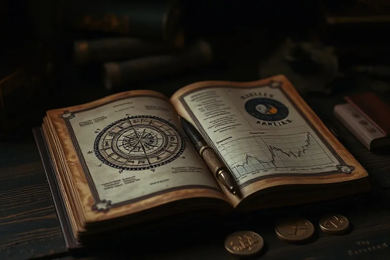 Un diario de cuero antiguo abierto mostrando gráficos astrológicos y bursátiles, con una pluma de ave y monedas antiguas sobre un escritorio de madera, bajo una luz dramática.