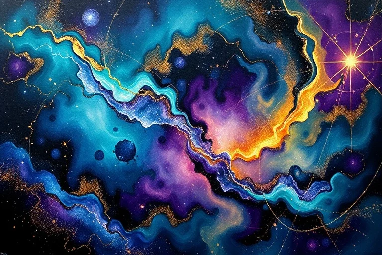 Una pintura al óleo abstracta con remolinos de azules, púrpuras y verdes, mezclados con oro y plata, simbolizando la volatilidad y la interconexión de los mercados financieros y las energías cósmicas.