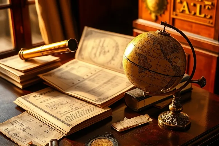 Fotografía de bodegón de un telescopio antiguo, documentos financieros y un globo celeste sobre un escritorio de madera