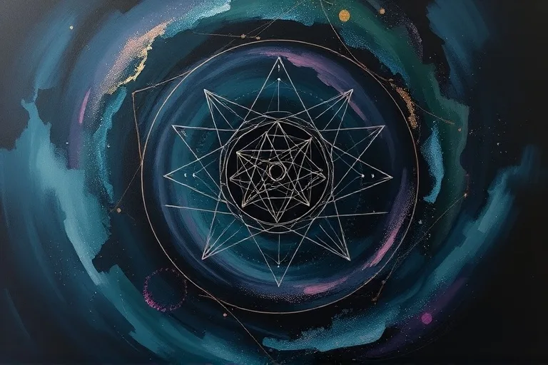 Pintura al óleo abstracta de un vórtice de colores oscuros con patrones geométricos sutiles
