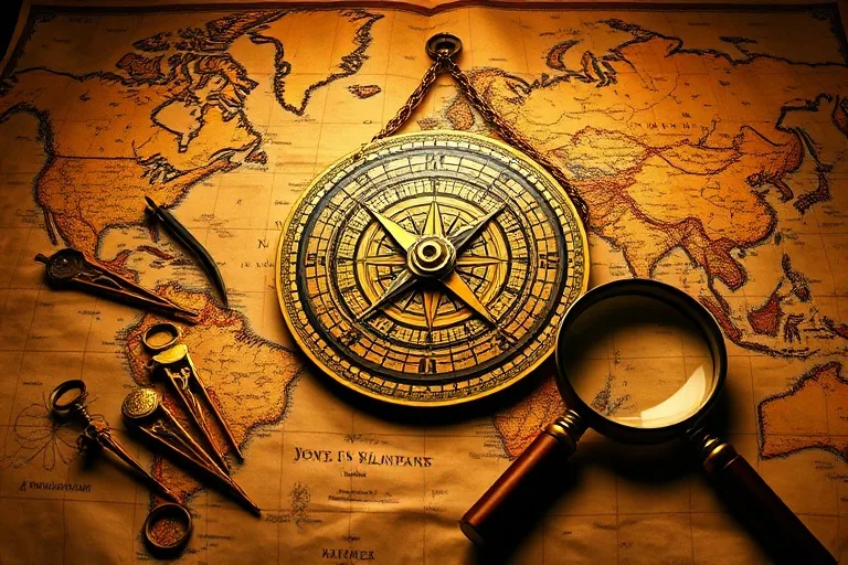 Astrolabio antiguo sobre un mapa mundial, con brújulas y una lupa, simbolizando la exploración astrológica de lugares.