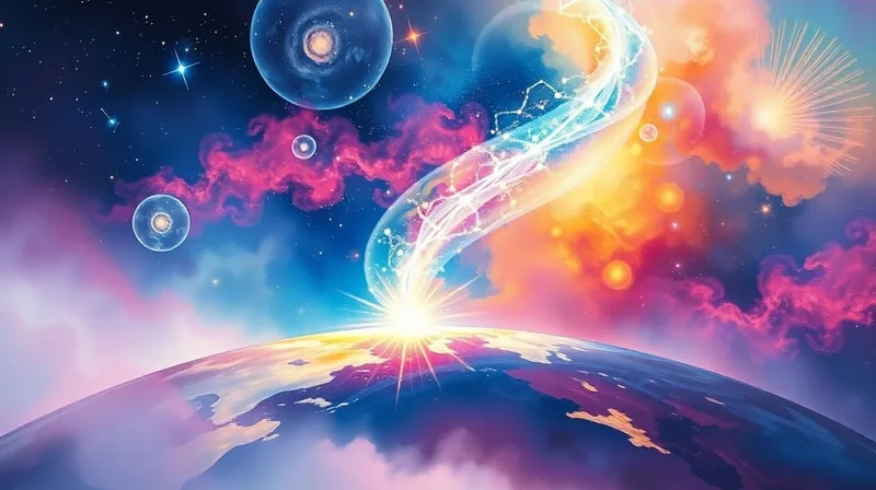 Pintura acuarela abstracta de un campo de energía vibrante emanando de un punto en la tierra hacia un cielo colorido, simbolizando la influencia energética de la geografía.