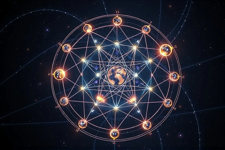 Arte conceptual de formas geométricas interconectadas y patrones de luz, representando las leyes universales de causa y efecto.