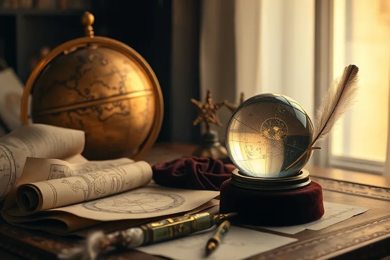 Bodegón cinematográfico de herramientas astrológicas antiguas: un globo celestial, pergaminos con cartas estelares, una bola de cristal y una pluma, todo en un ambiente de luz suave.