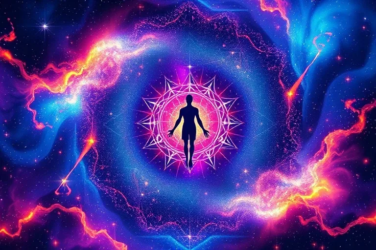 Arte conceptual abstracto de un vórtice de energía cósmica con colores vibrantes, fusionando patrones estelares con una silueta humana sutil, simbolizando la unidad y transformación.