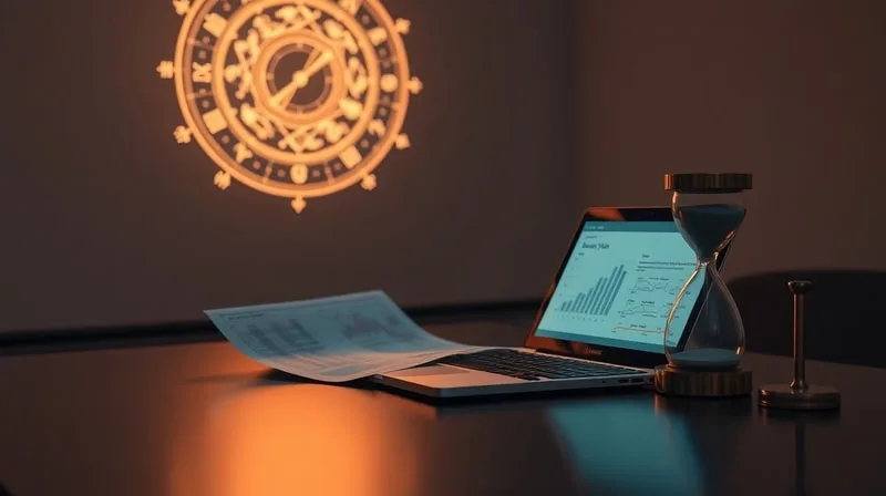 Escritorio de oficina moderno con una proyección holográfica de una carta natal, un portátil mostrando un plan de negocios y un reloj de arena, con iluminación ambiental suave.