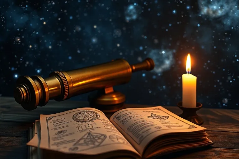 Telescopio de latón vintage apuntando a un cielo estrellado, con un diario de cuero abierto mostrando símbolos astrológicos y ecuaciones de negocios, iluminado por una vela parpadeante.