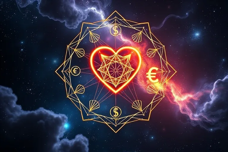 Red abstracta de corazones, símbolos de dinero y engranajes flotando en el cosmos.