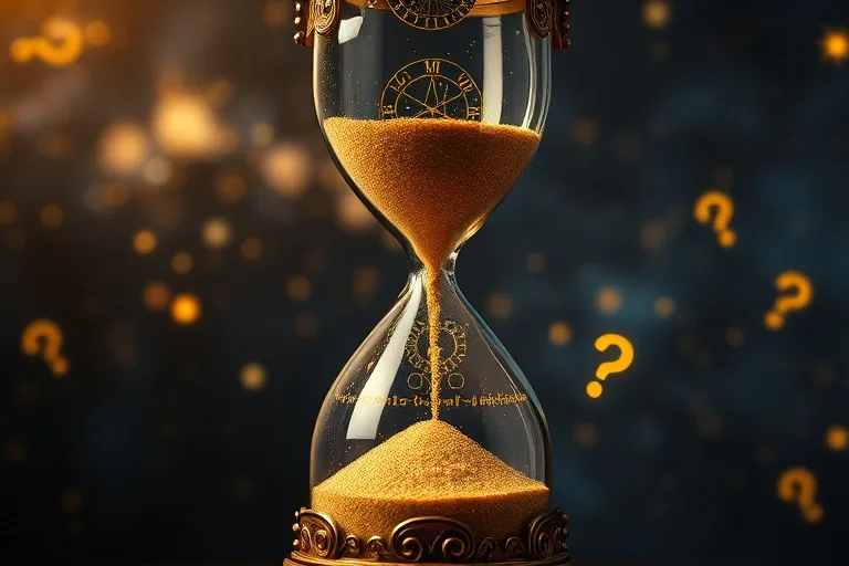 Reloj de arena antiguo con arena fluyendo, reflejando un cielo estrellado, con patrones de oro y signos de interrogación abstractos.