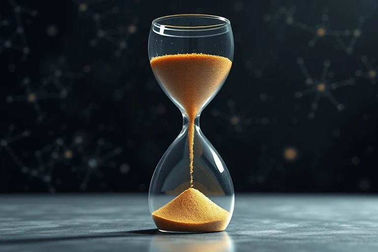 Render 3D de un frágil reloj de arena de cristal con arena fluyendo hacia un símbolo de infinito, constelaciones visibles de fondo
