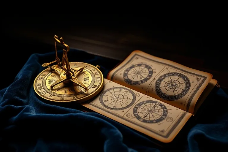 Bodegón cinematográfico de un astrolabio de latón antiguo sobre terciopelo con un libro de astrología abierto.