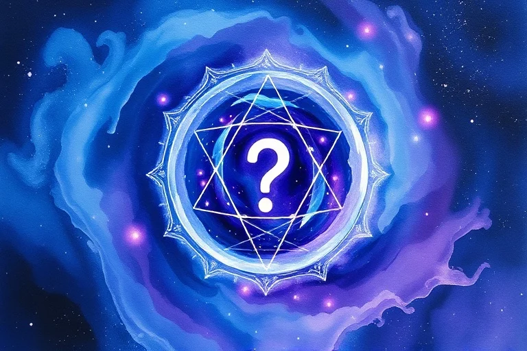 Pintura de acuarela abstracta de energías cósmicas arremolinándose en azules y púrpuras, formando una sutil interrogación.