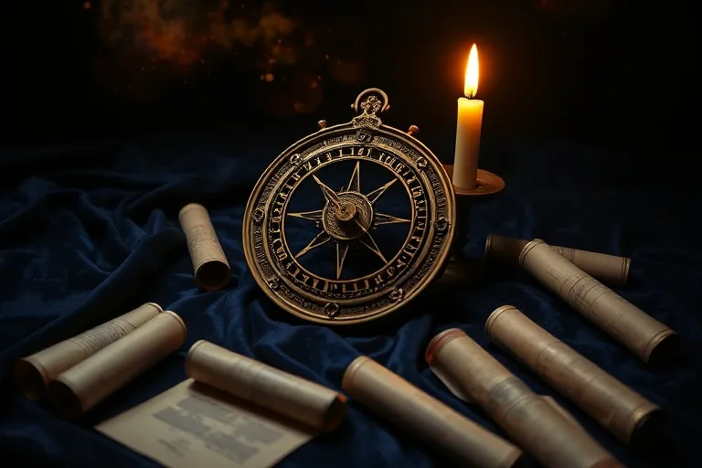 Fotografía cinematográfica de un astrolabio antiguo sobre un paño de terciopelo, con pergaminos y una vela parpadeante, bajo una luz dramática.